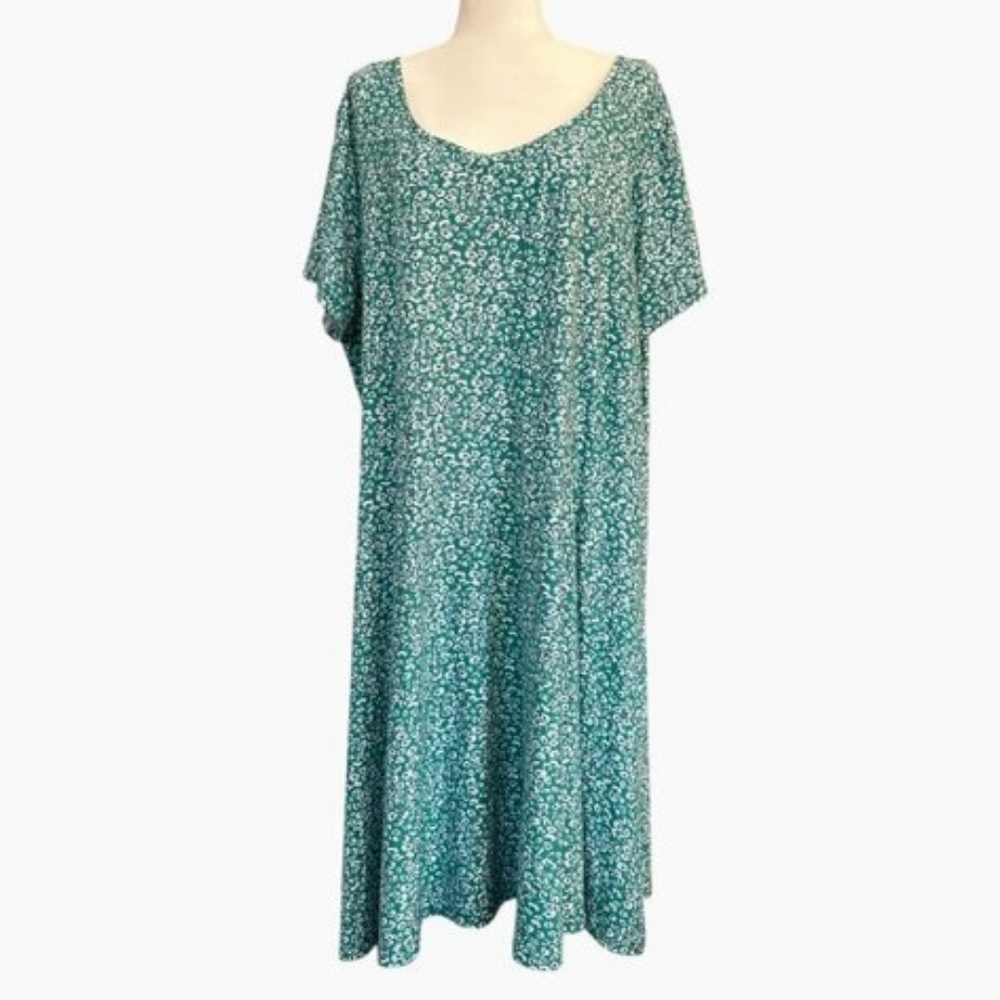 Women's Teal Floral Midi Dress - Relaxed Scoop Neck